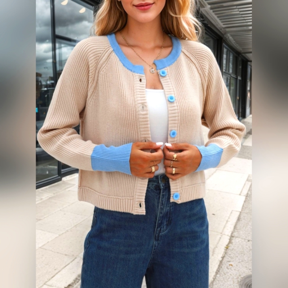 Contrast Button Up Long Sleeve Cardigan